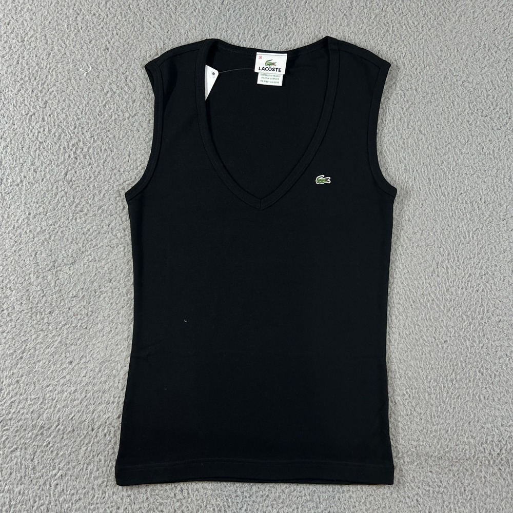 Lacoste Tank Top Women US Size S (EU/4) Black V-Neck Cotton Ribbed Crocodile